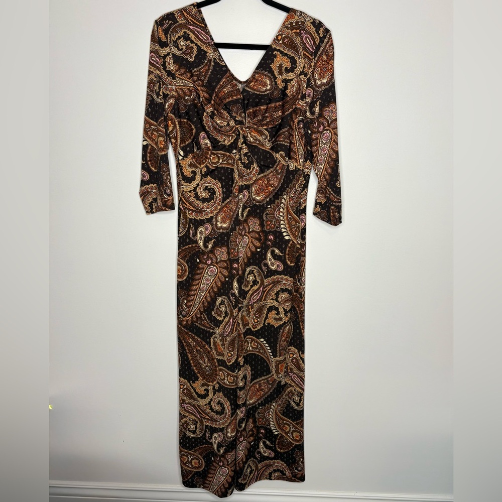 Tiana B. Sheath Maxi Dress Brown Tan Paisley Print V-Neck 3/4 Sleeve Size L NWOT